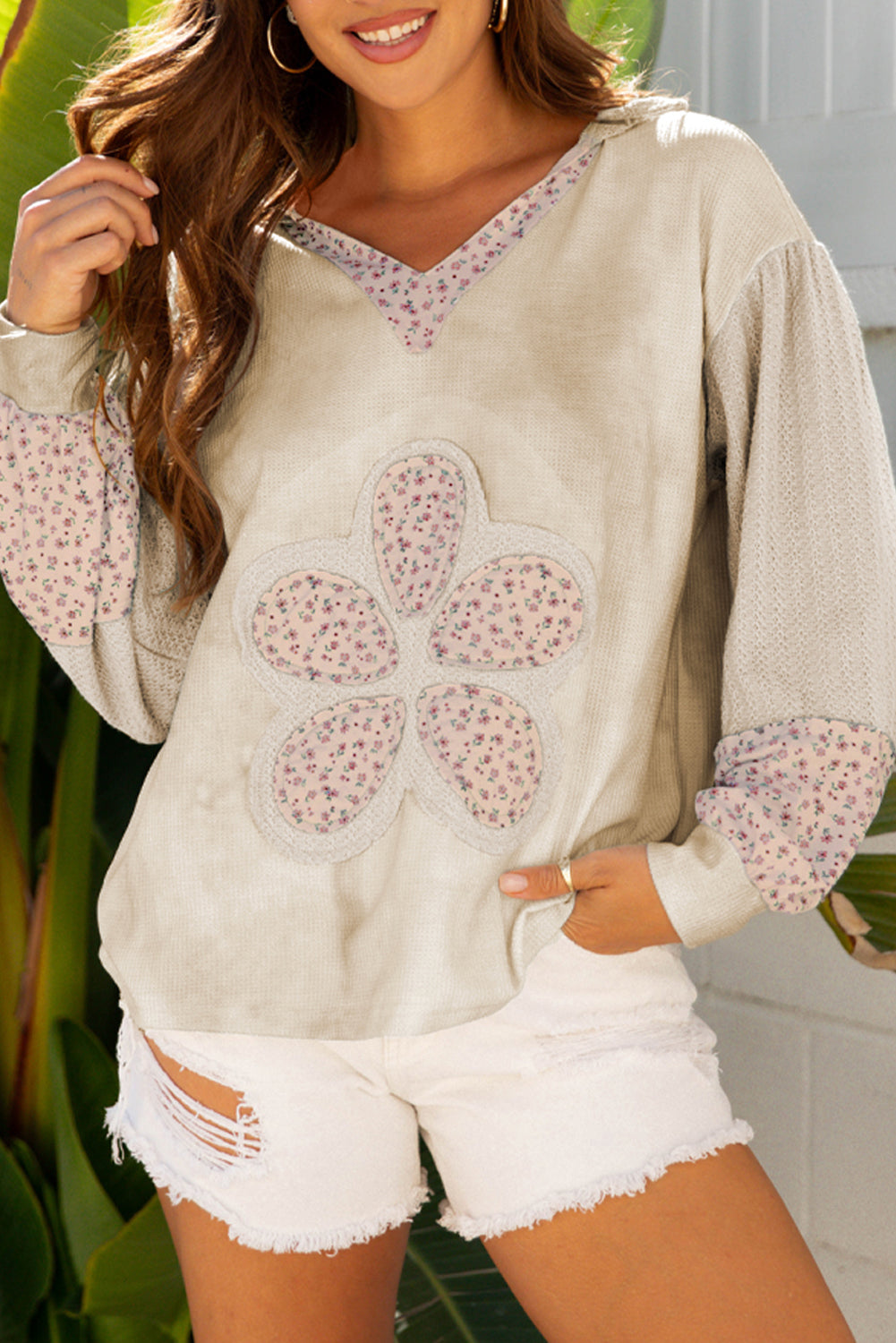 Pink Floral Patched Waffle Textured Colorblock V Neck Casual Hooded Top