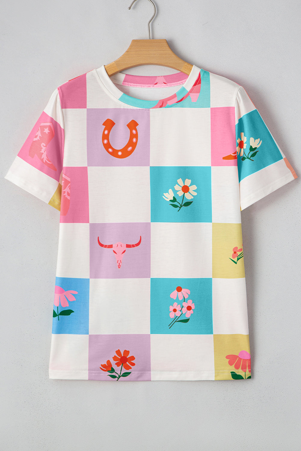 Sky Blue Western Fashion Checker Print Crewneck T Shirt