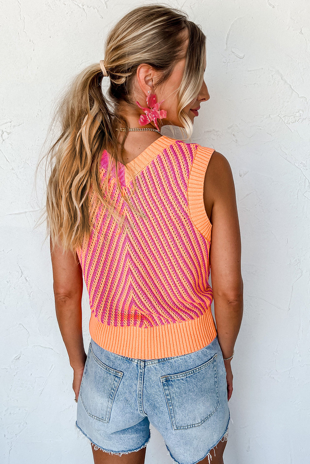 Light Pink Contrast Chevron Knit V Neck Sweater Vest
