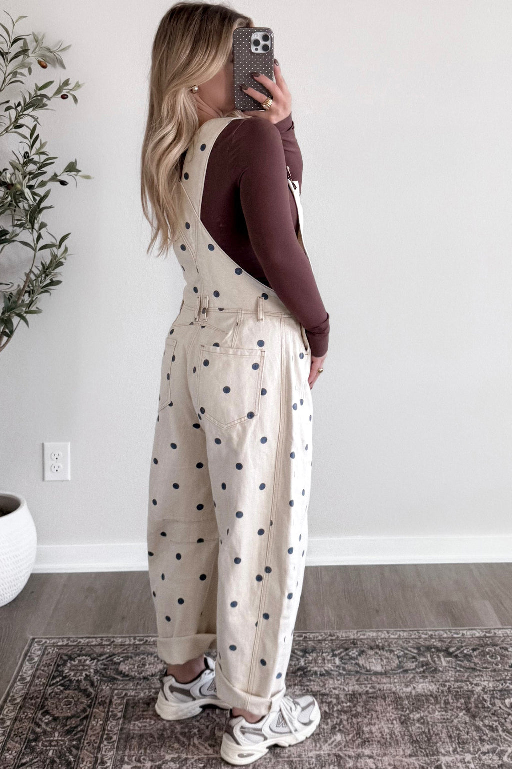 Light French Beige Polka Dot Print Bib Pocket Denim Barrel Overalls Jumpsuit