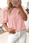Light Pink Ribbed Pearl Beaded Puff Sleeve Top
