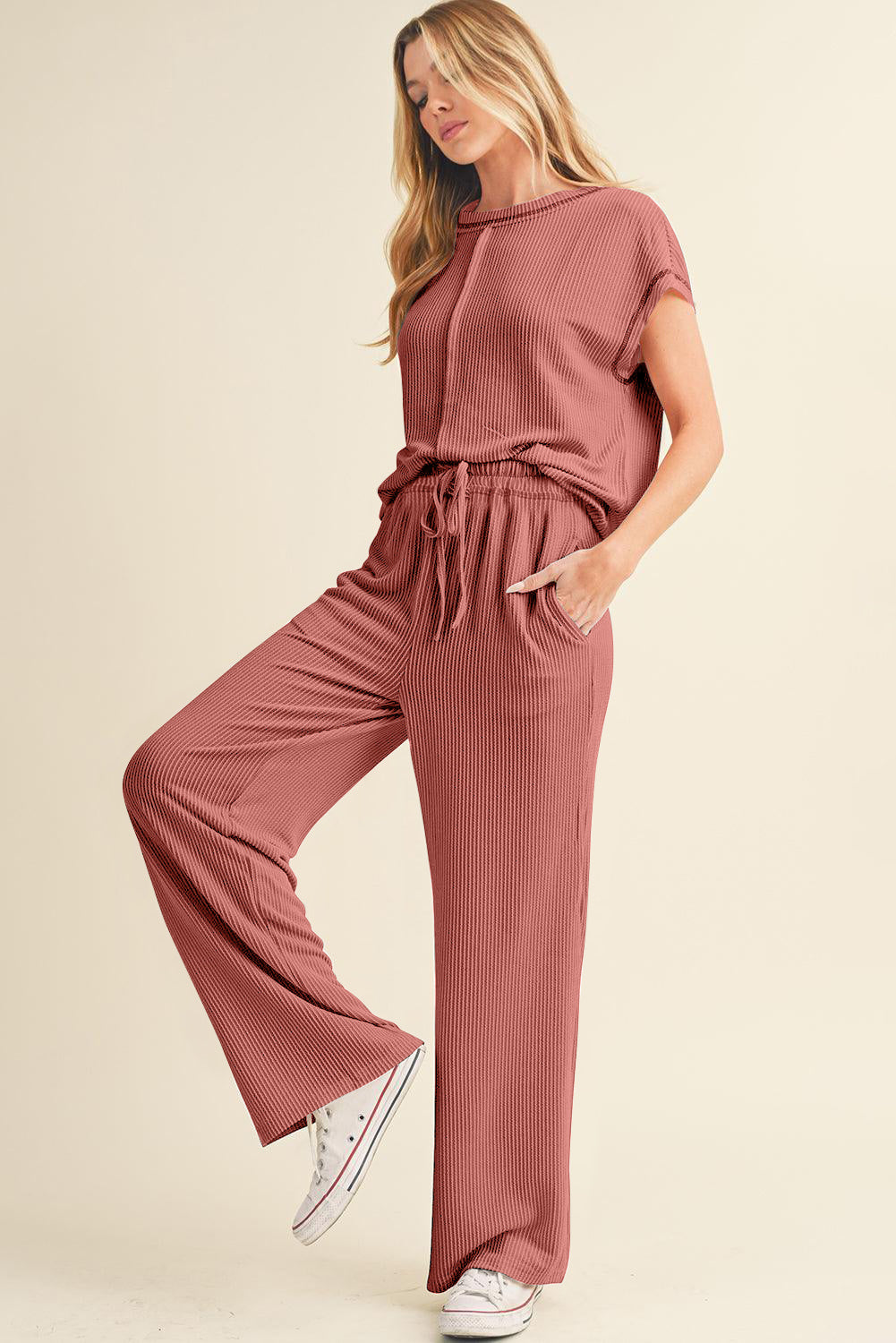 Coffee Solid Color Corded Short Sleeve Top and Casual Pants Set