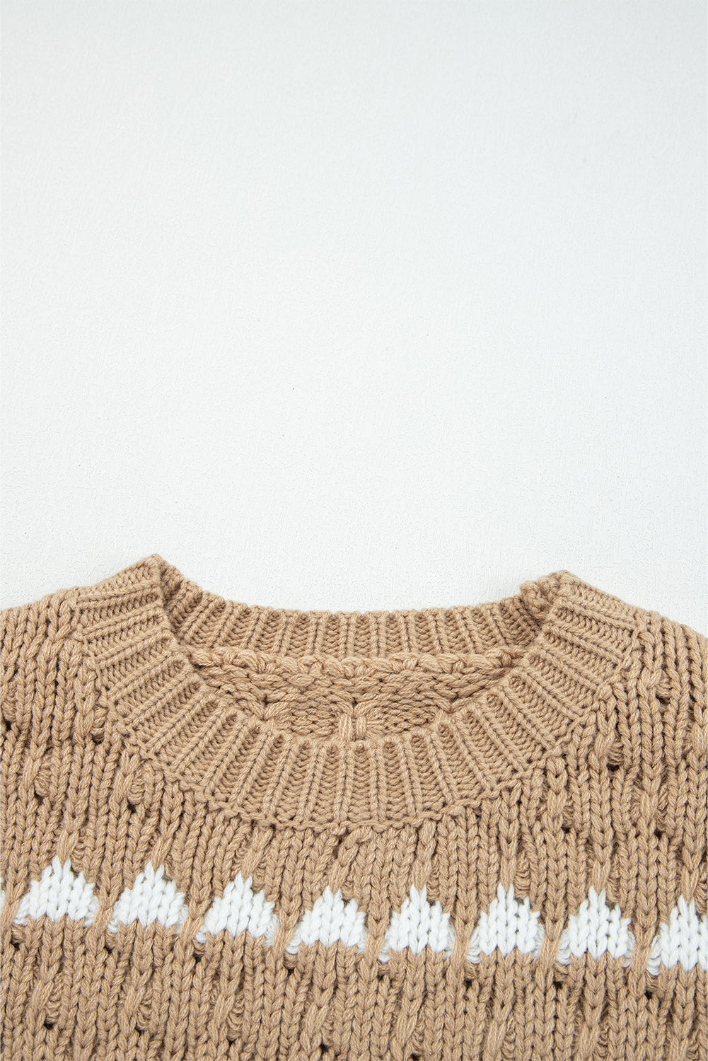 Pale Khaki Contrast Detail Textured Knit Puff Sleeve Baggy Sweater