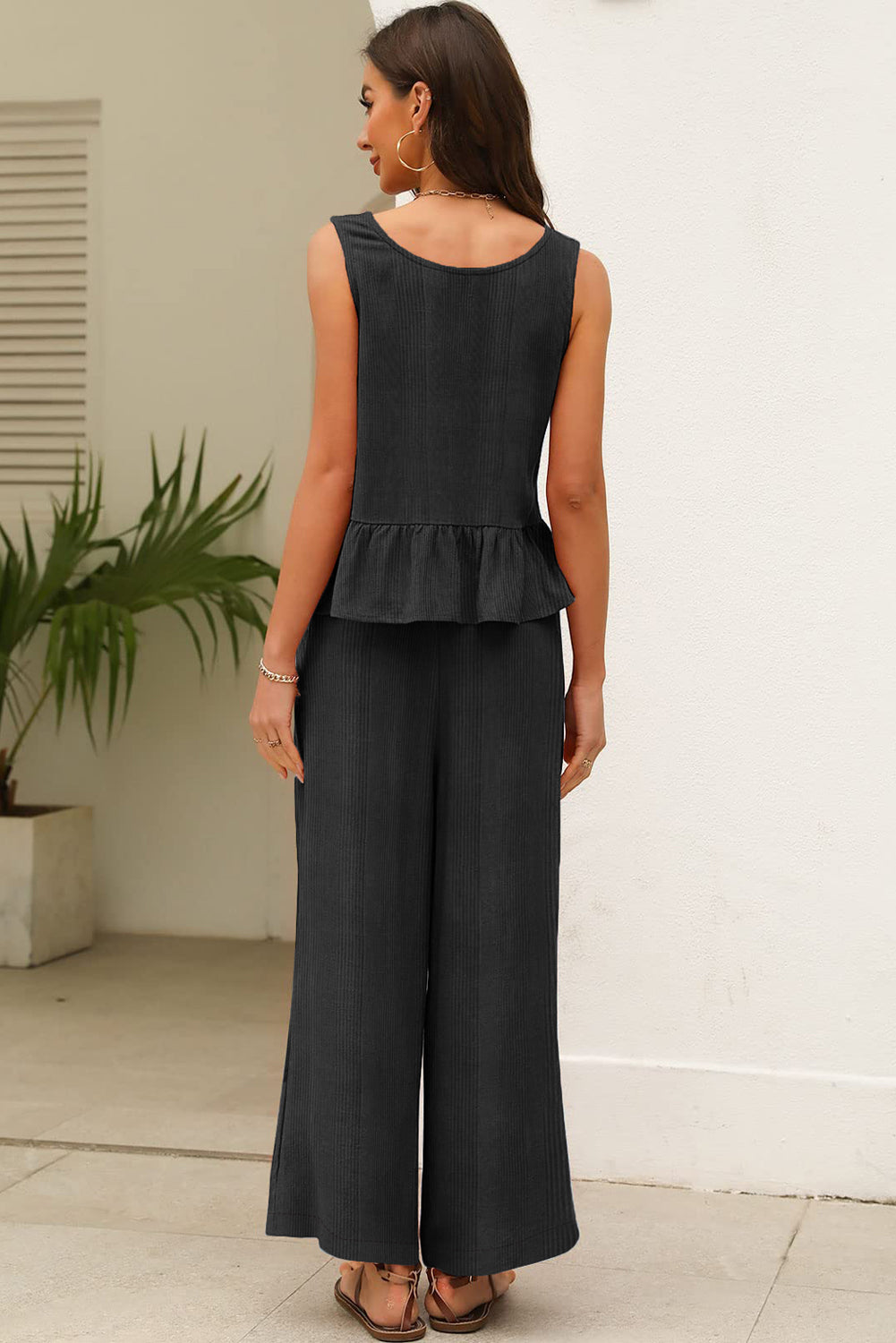 Green Solid Color Ribbed Ruffle Tank Top and Pants Set