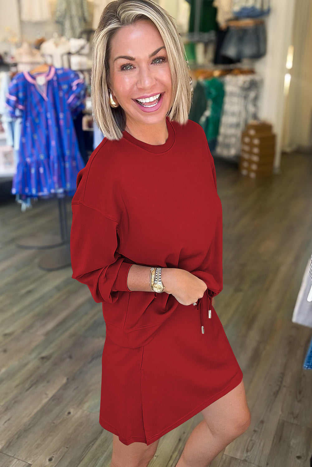 Racing Red Solid Color Drop Shoulder Pullover Drawstring Mini Skirt 2pcs Outfit