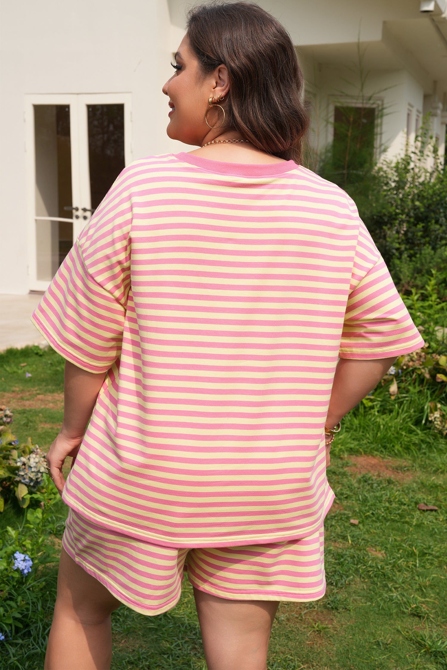 Green Stripe Boxy Tee Drawstring Elastic Waist Plus Size Short Set