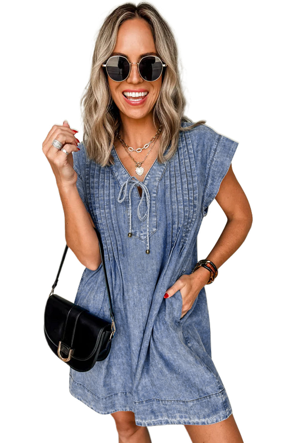 Beau Blue Tie V Neck Tucking Detail Short Sleeve Denim Shift Dress