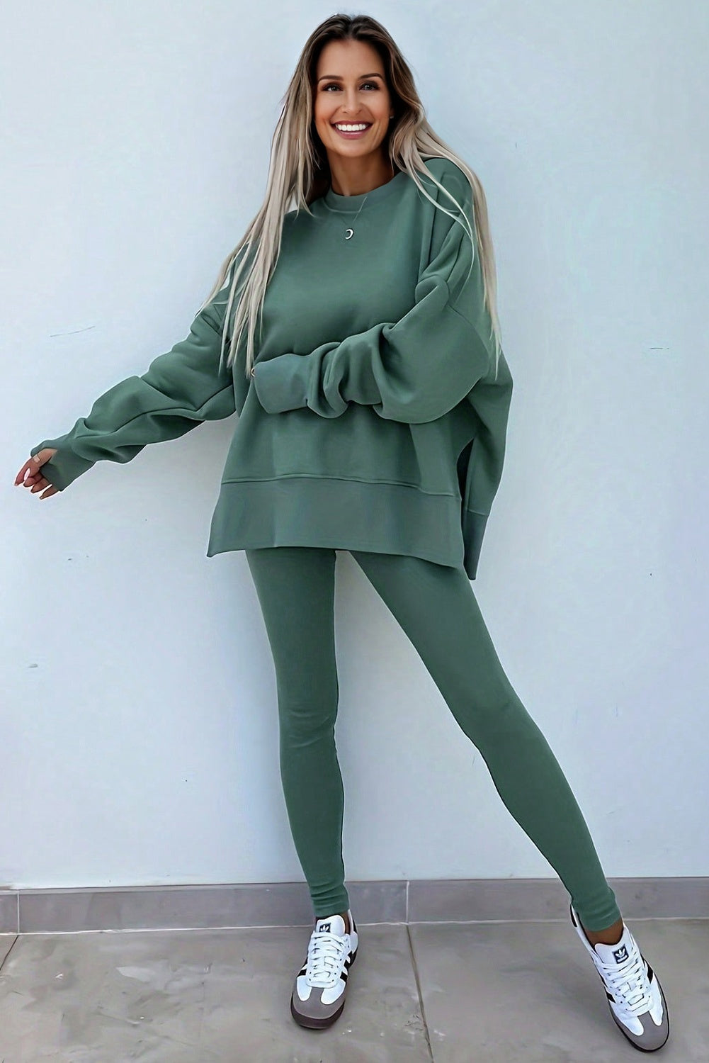 Orchid Mist Solid Color Oversize Slit Sweatshirt Ribbed Leggings 2pcs Set