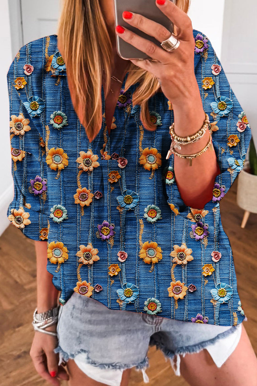 Sky Blue Floral Collared V Neck Roll up Sleeve Shift Blouse