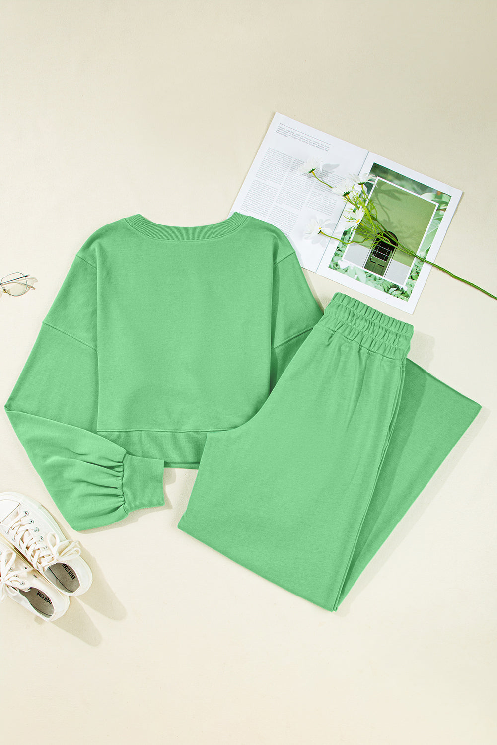 Bright Green Drop Shoulder Puff Sleeve Crop Pullover Drawstring Wide Leg Pants Set