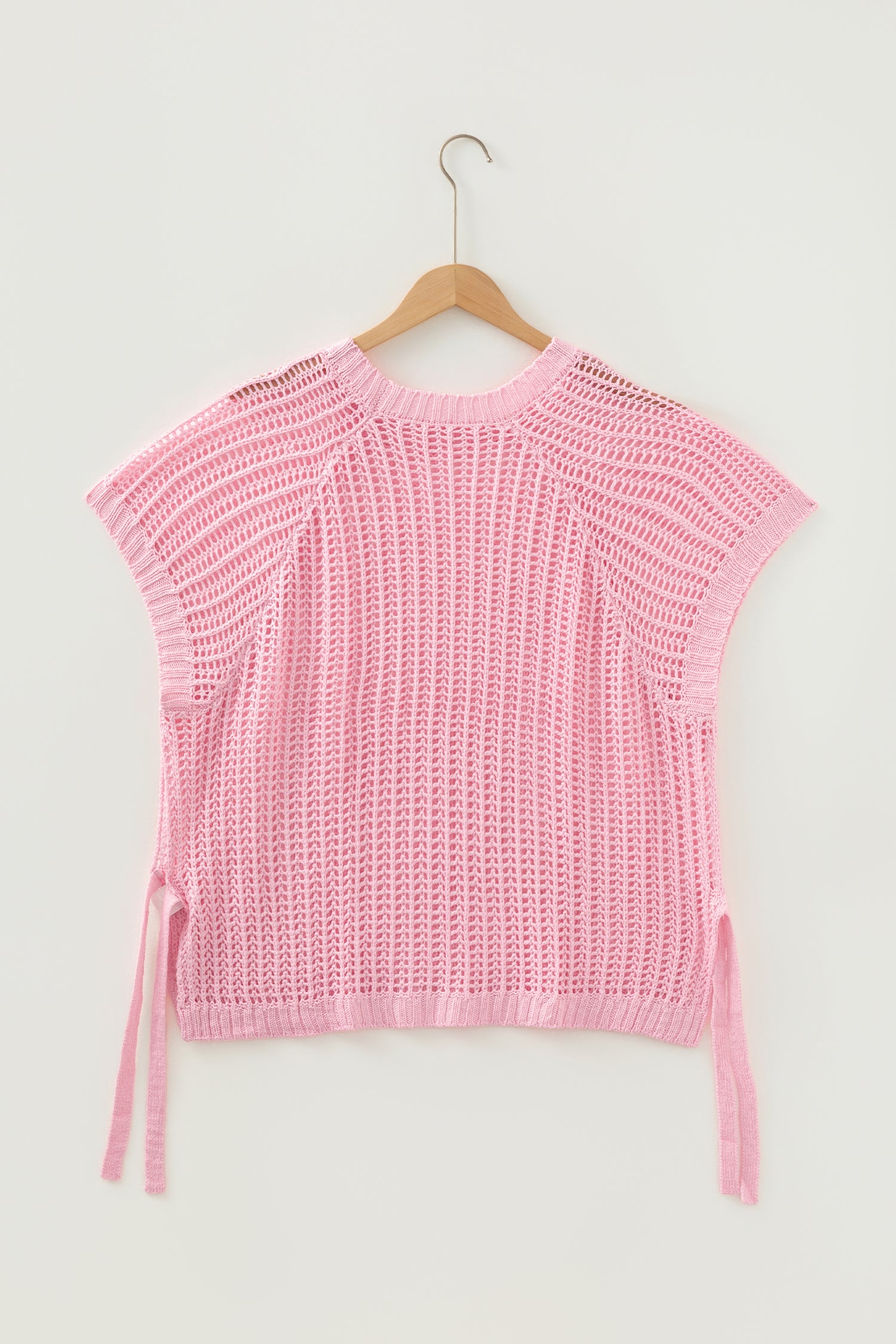 Apricot Plus Size Open Knit Bow Tie Short Sleeve Sweater