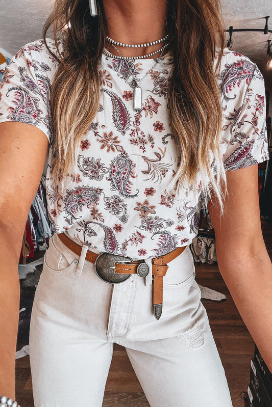 White Vintage Paisley Mock Neck T Shirt