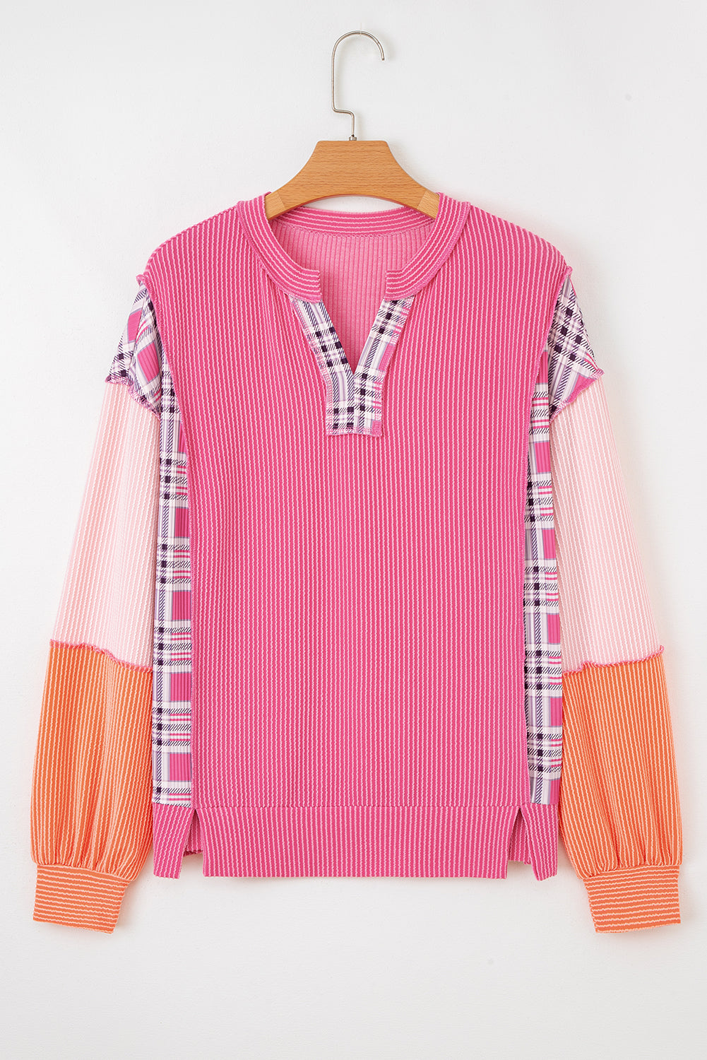 Rose Red Corded Texture Plaid Colorblock Patchwork Split Neck Long Sleeve Top