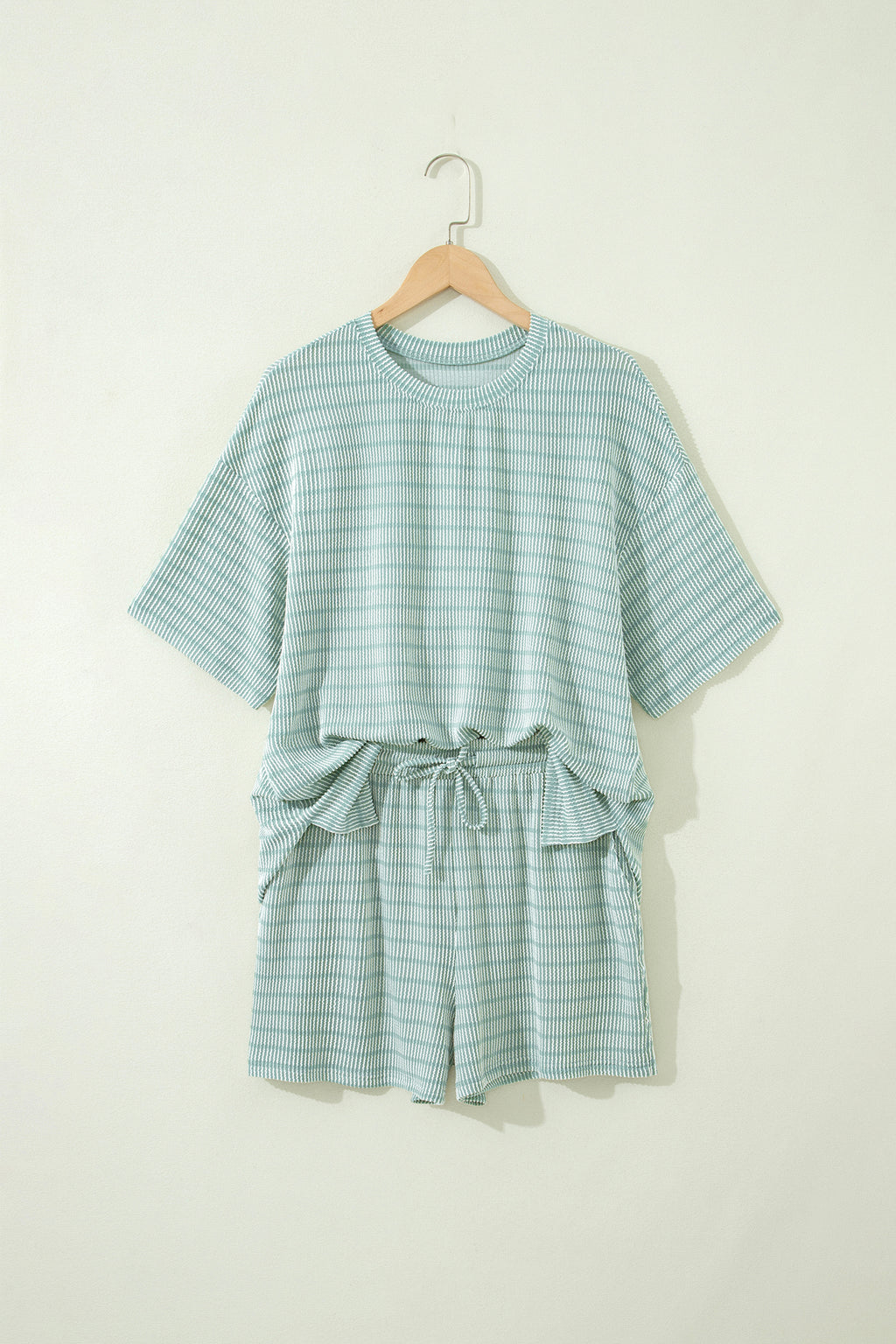 Rose Stripe Raised Rib Loose Tee Drawstring Elastic Waist 2pcs Short Set