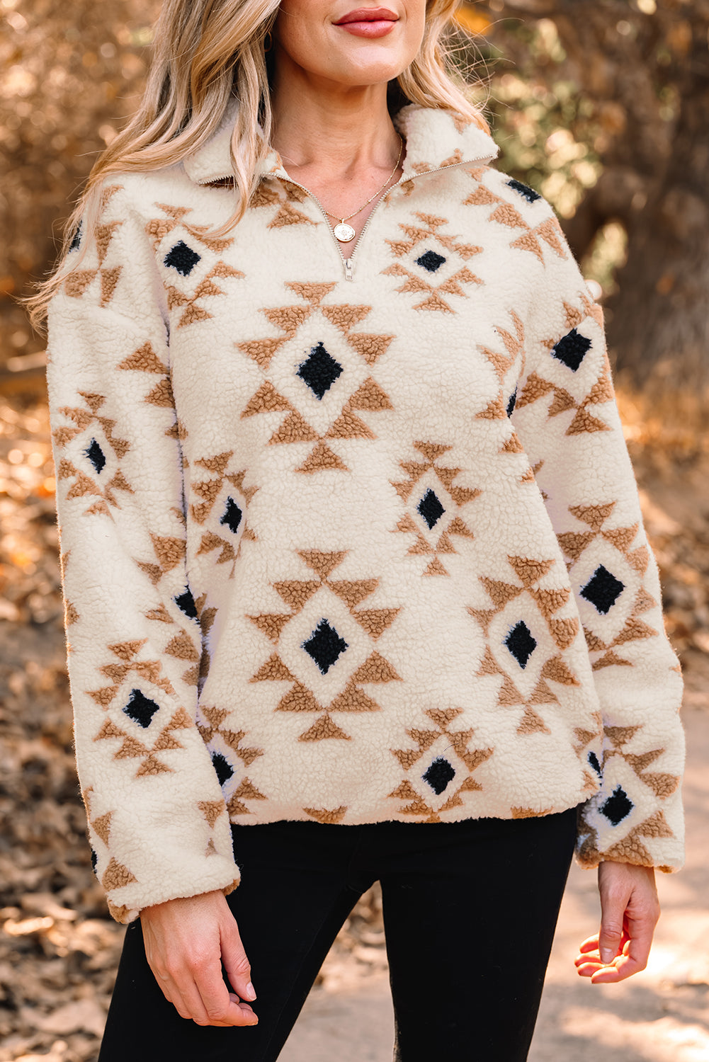 Khaki Aztec Print Sherpa Quarter Zip Collar Sweatshirt