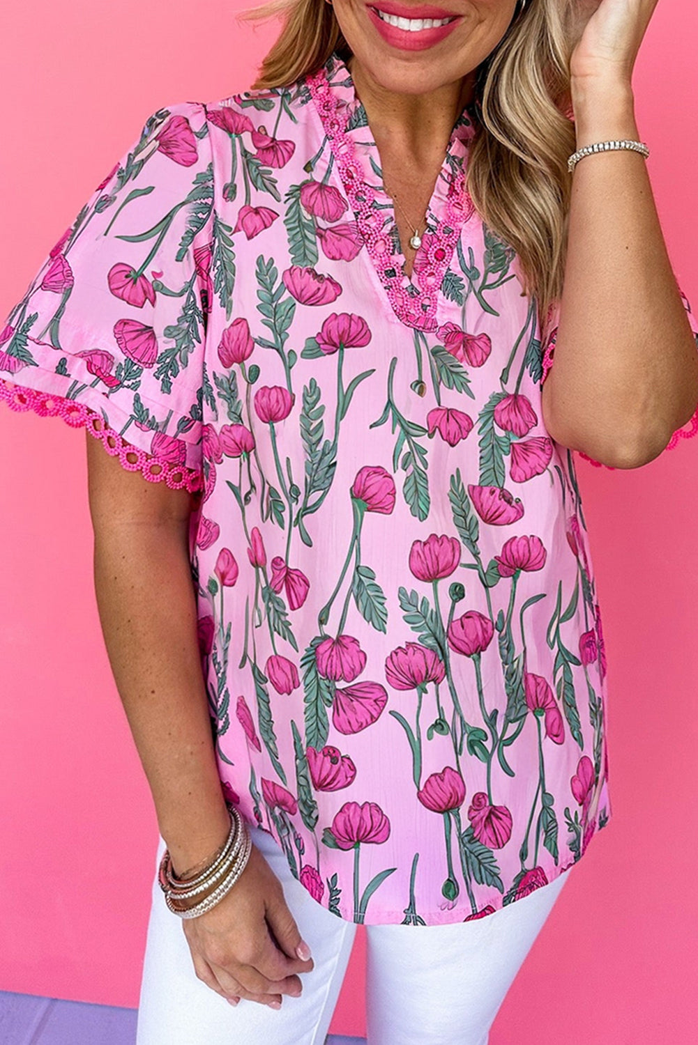 Pink Floral Lace Detail Frilled V Neck Summer Blouse