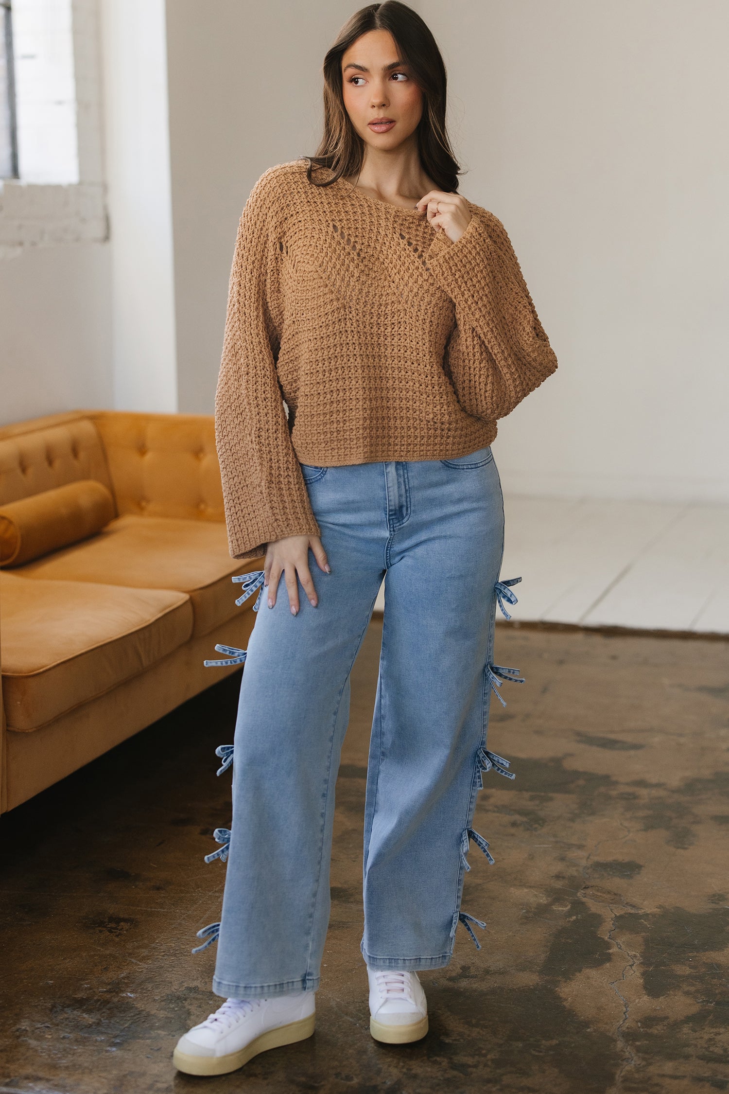 White Hollowed Detail Wide Sleeve Loose Pullover Sweater