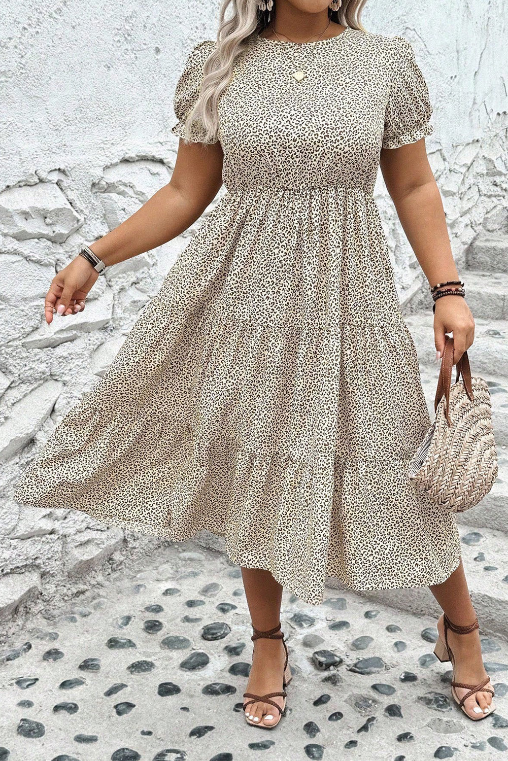 Brown Plus Size Leopard Print Frill Trim Short Sleeve Flared Dress