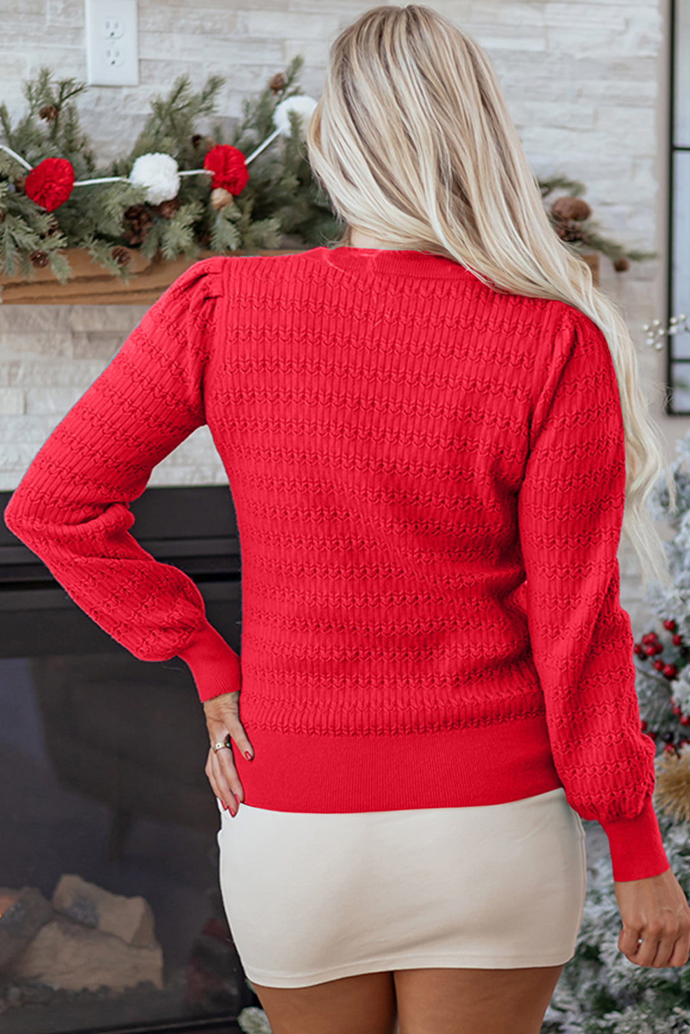 Fiery Red Trendy Pattern Knit Ribbed Cuffs Crew Neck Sweater