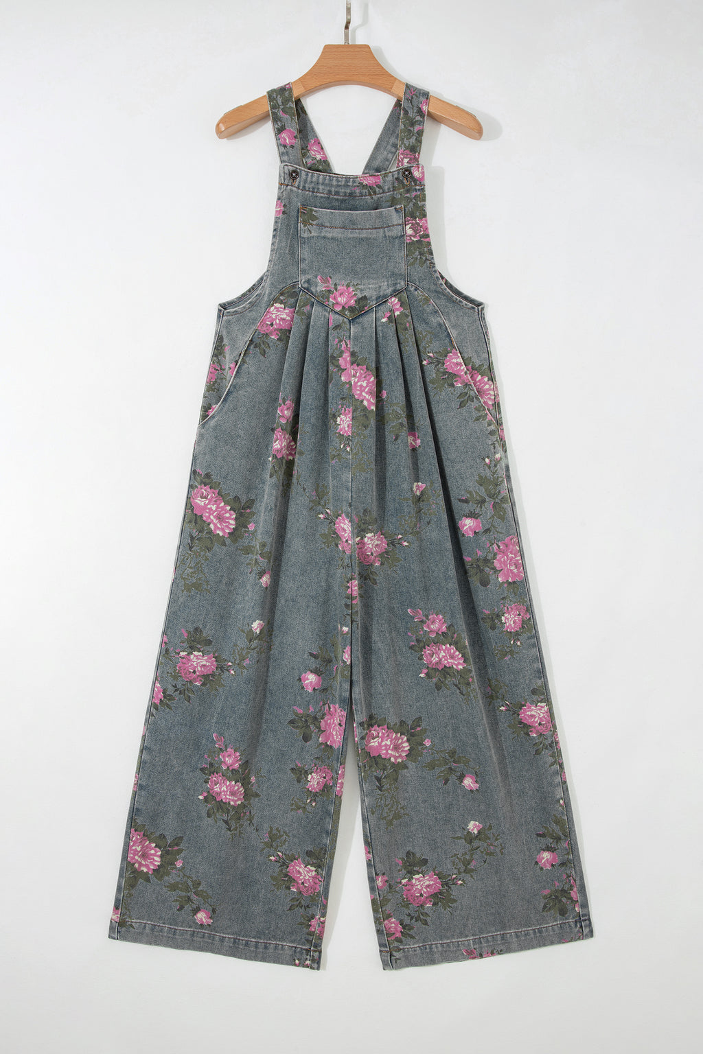 Blue Beau Floral Print Pleated High Waist Wide Leg Denim Jumpsuit