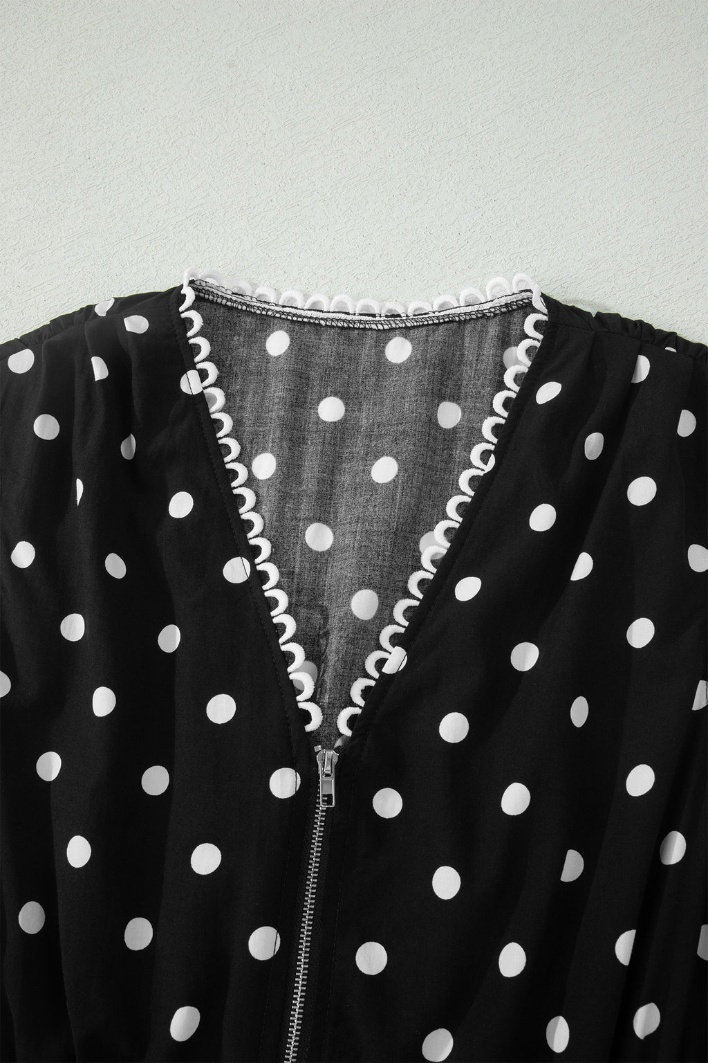 Black Polka Dot Print Contrast Trim V Neck Zip Up Sleeveless Dress