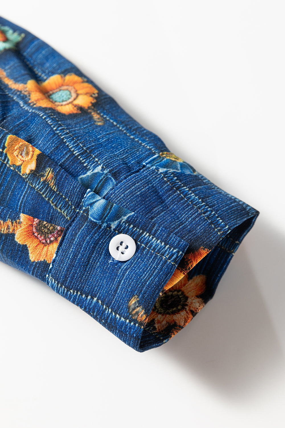 Sky Blue Floral Collared V Neck Roll up Sleeve Shift Blouse