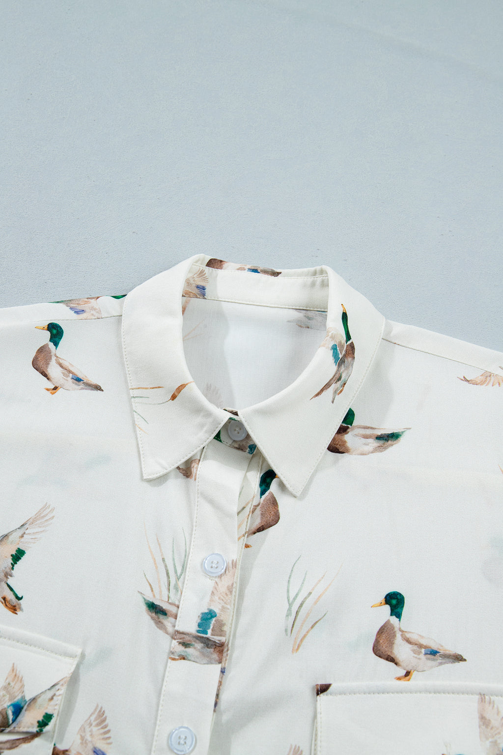 White Mallard Printed Button Flap Pocket Short Sleeve Shirt