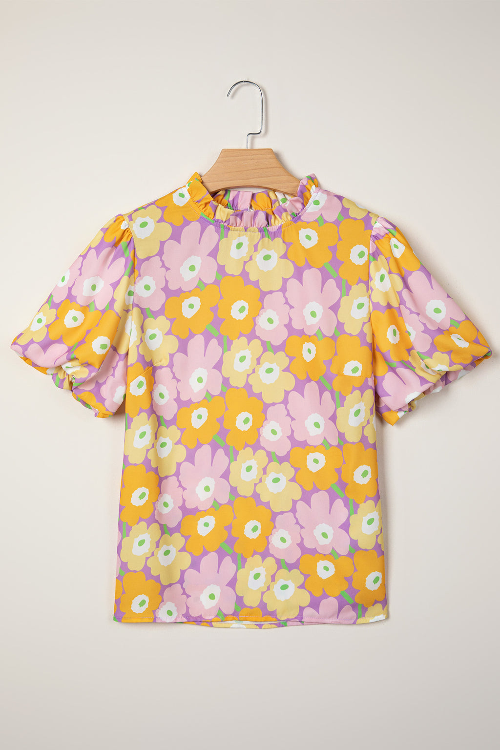 Purple Frilled Neck Puff Short Sleeve Flower Top