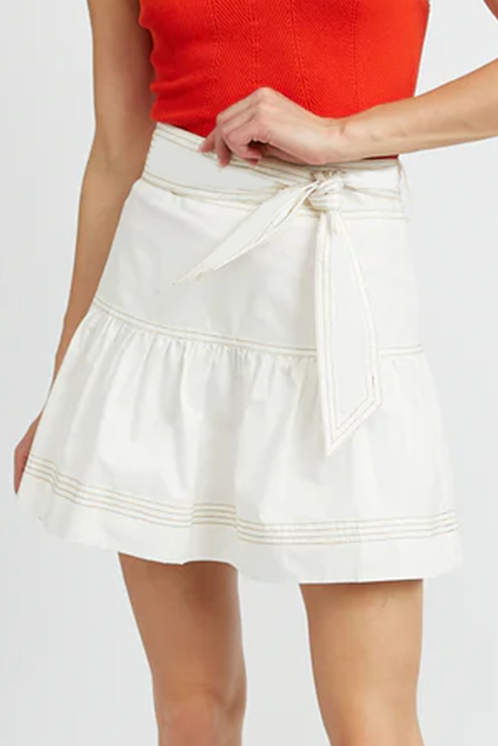 White Contrast Stitching Trim Knotted High Waist A-Line Mini Skirt