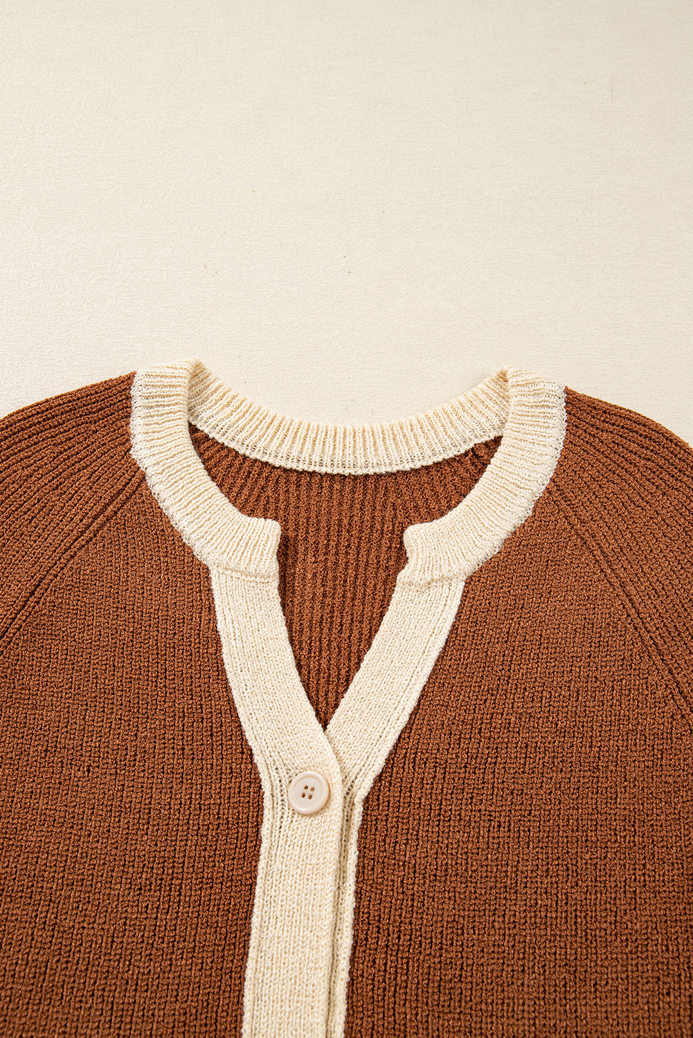 Chestnut Contrast Knit V Neckline Short Cardigan