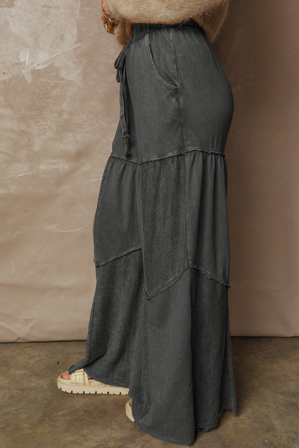Straw Yellow Mineral Wash Tiered Wide Leg Patchwork Drawstring Pants