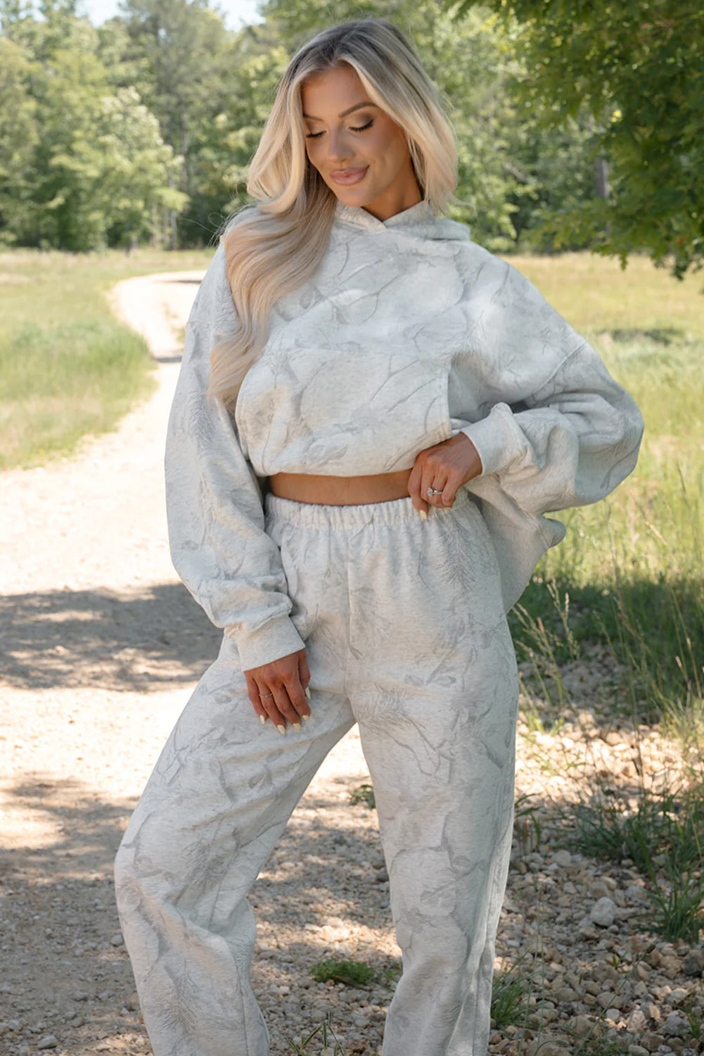 Light Grey Abstract Print Loose Drop Sleeve Hoodie Elastic Waistband 2pcs Pant Set