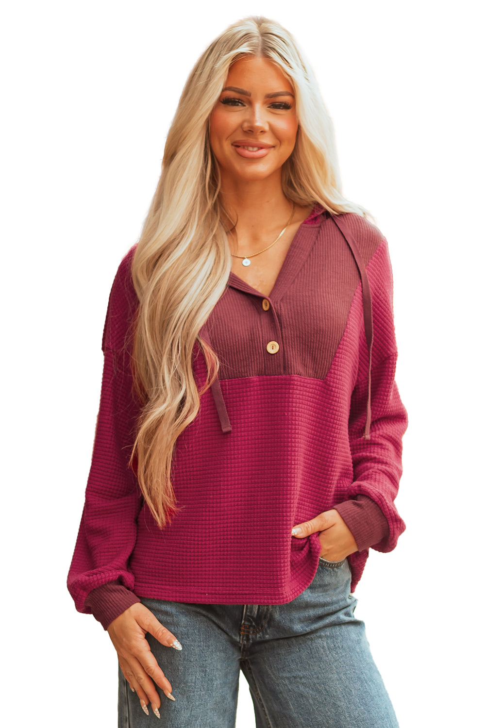 Racing Red Waffle Patchwork Drop Shoulder Hooded Long Sleeve Top