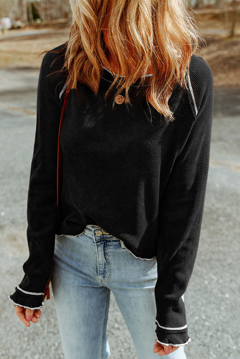 Gray Textured Round Neck Long Sleeve Top