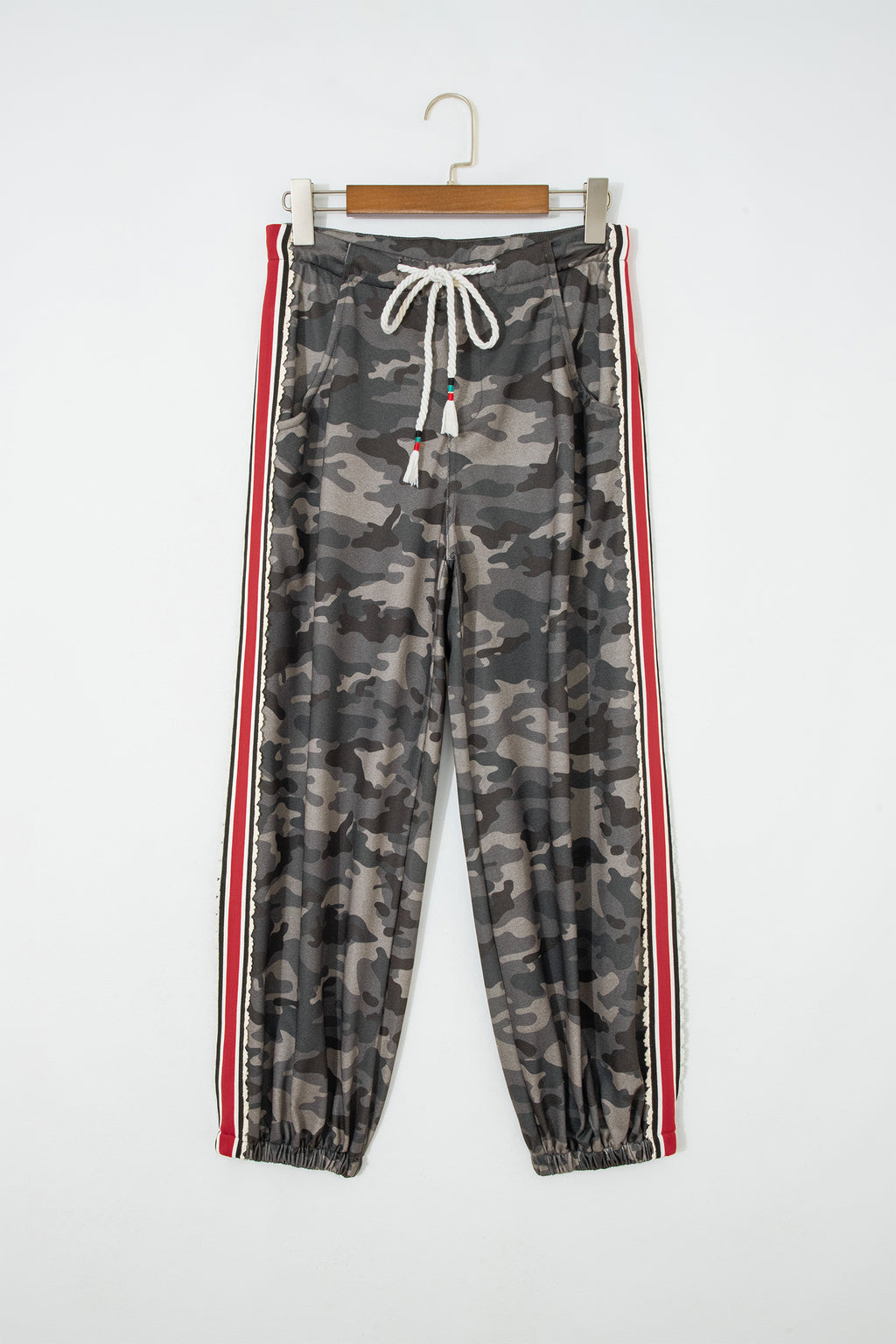 Green Camouflage Print Striped Side Panel Patchwork Drawstring Pants