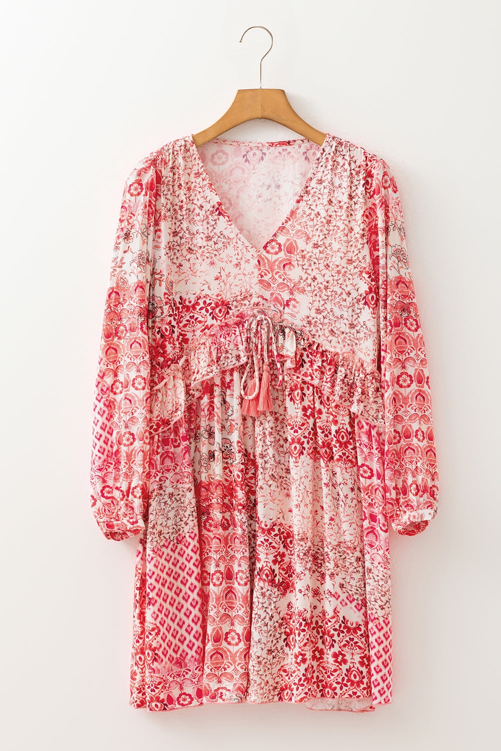 Pink Bohemian Floral Print Tassel Tie Long Sleeve Flowy Mini Dress