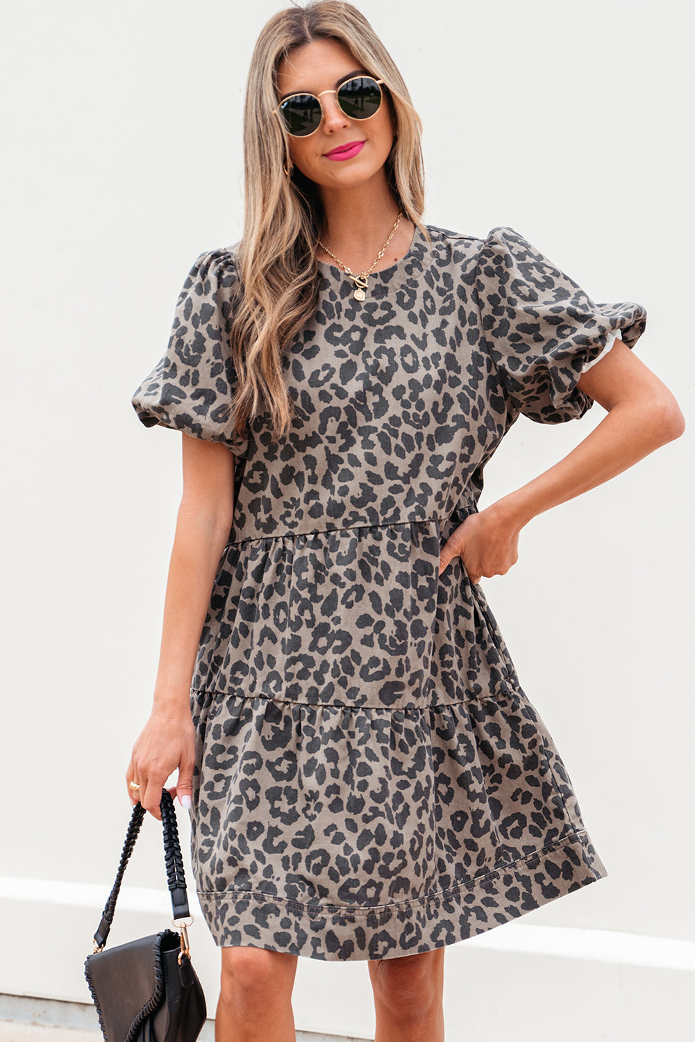 Brown Denim Leopard Printed Short Puff Sleeve Mini Dress