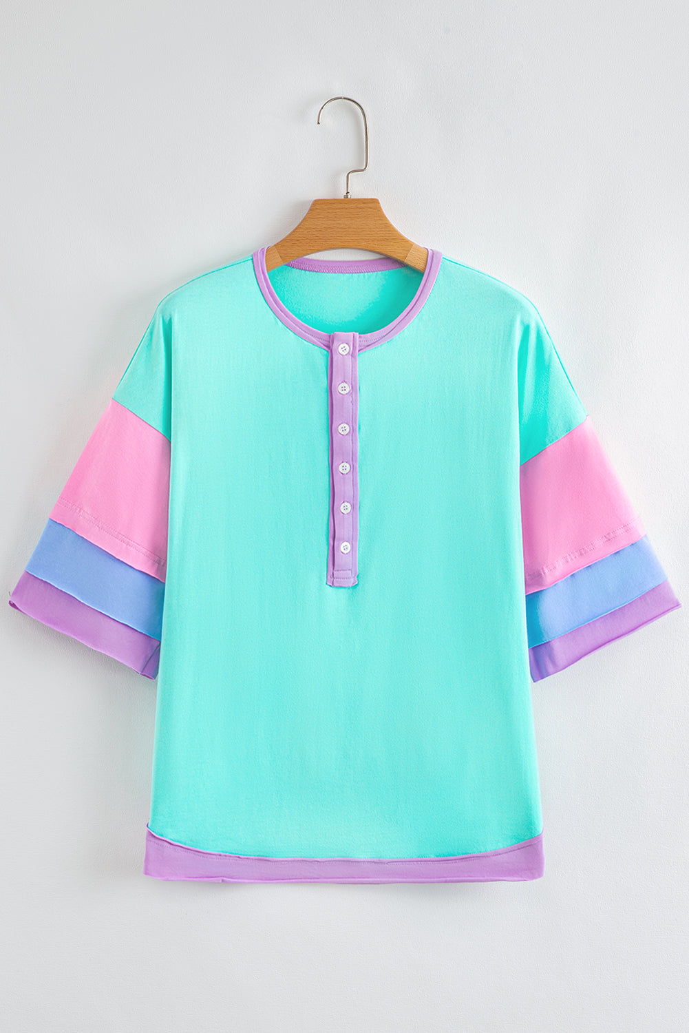 Pink Solid Color Half Sleeve Buttons Henley Top