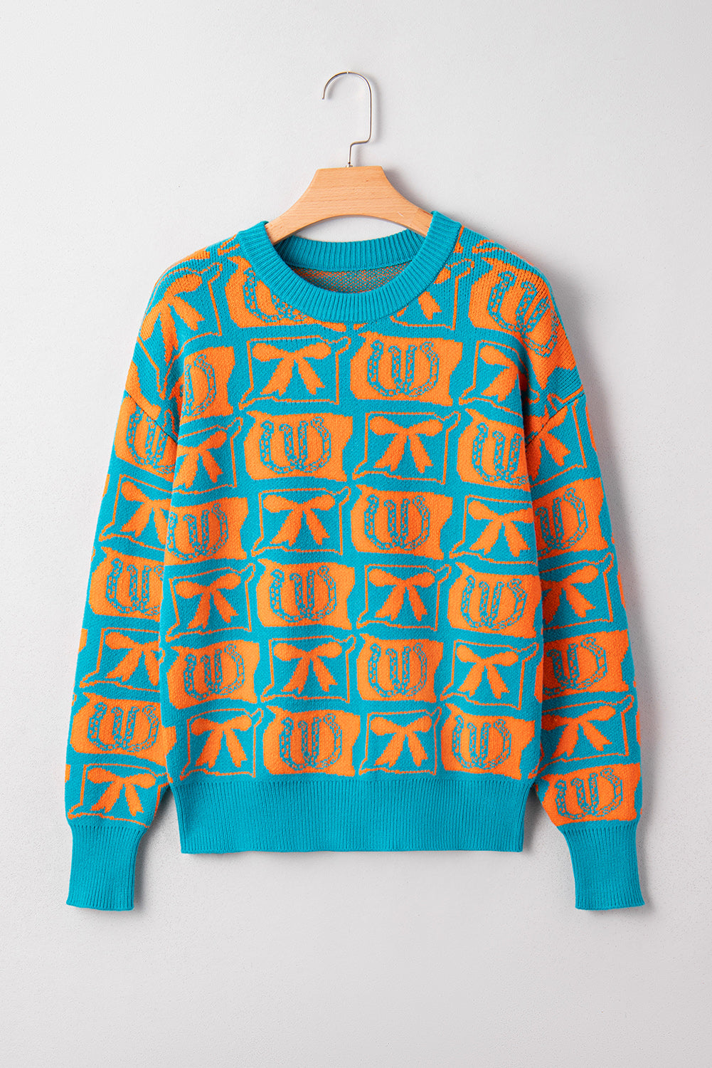 Brown Bows & Horseshoes Pattern Western Fashion Print Sweater