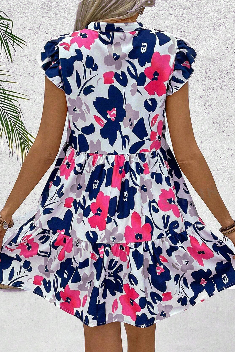 Orange Floral Print Notched Neck Flutter Sleeve Mini Dress