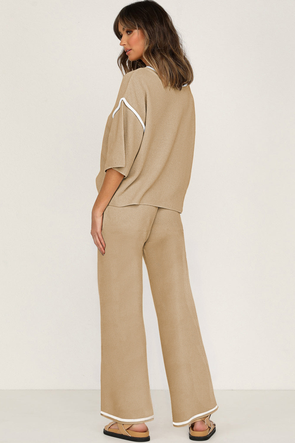 Navy Blue Contrast Trim Half Sleeve Top Drawstring Pants Loose 2pcs Sweater Suit