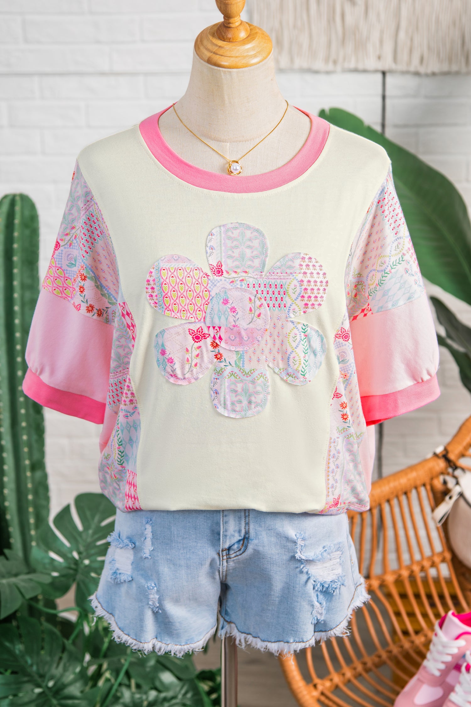 Beige Color Block Floral Patchwork Big Flower Accent Relaxed Top