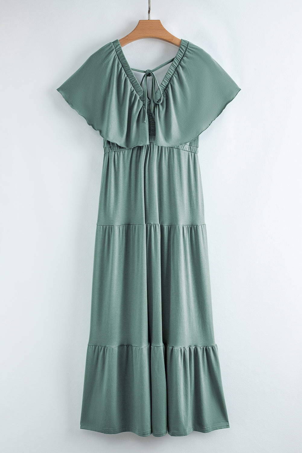Parchment Textured V Neck Flutter Sleeve Ruffled Maxi Dress