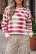 Red Stripe Dropped Shoulder Long Sleeve Casual Pullover Top