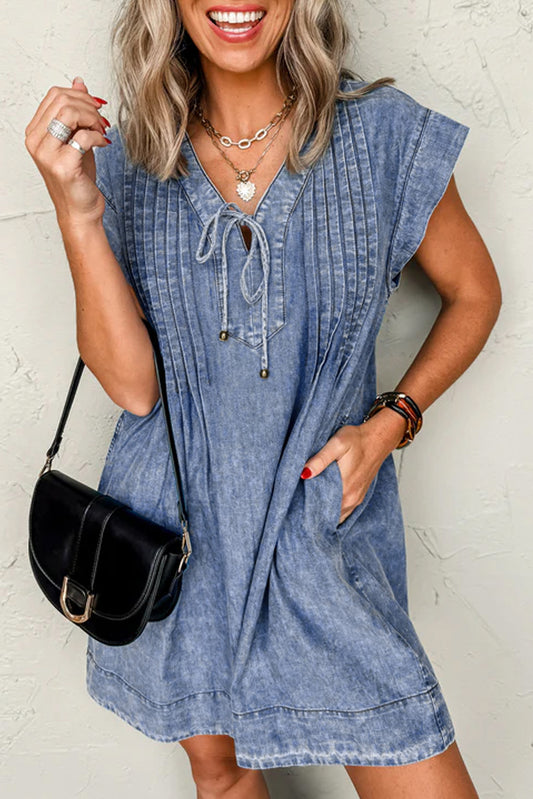 Beau Blue Tie V Neck Tucking Detail Short Sleeve Denim Shift Dress