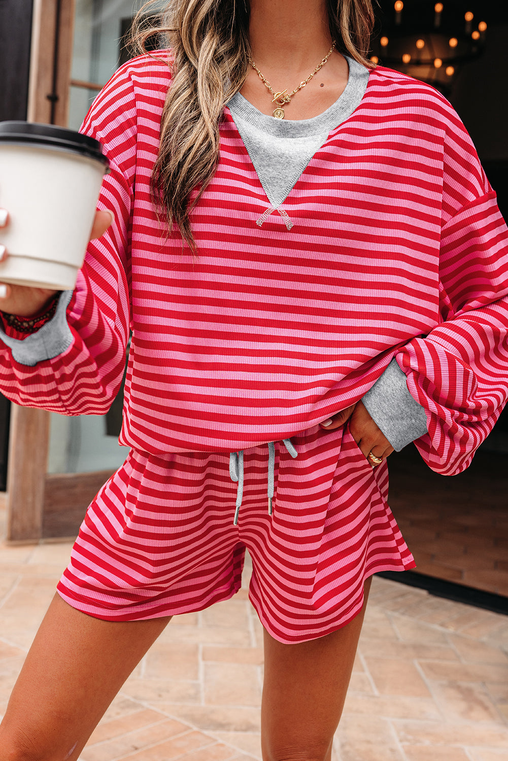Red Stripe Drop Shoulder Baggy Pullover and Shorts Casual Set