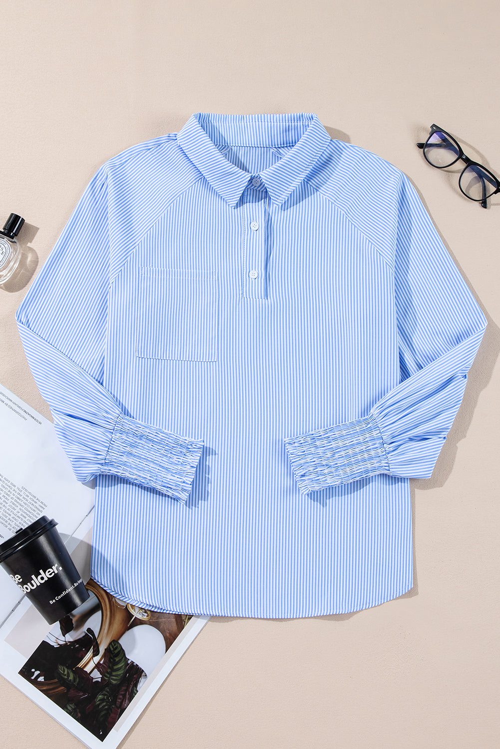 Gray Pinstripe Long Sleeve Smocked Cuffs Button Shirt Collar Blouse