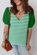 Green Stripe Puff Short Sleeve Patchwork V Neck Blouse