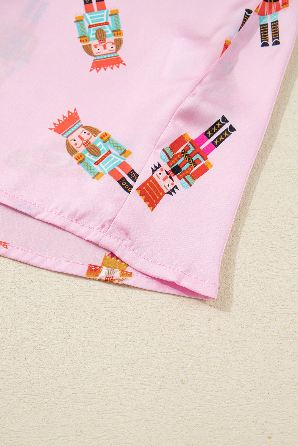 Pink Nutcracker Print Contrast Trim Tied up Bow Silky 2pcs Pajama Set