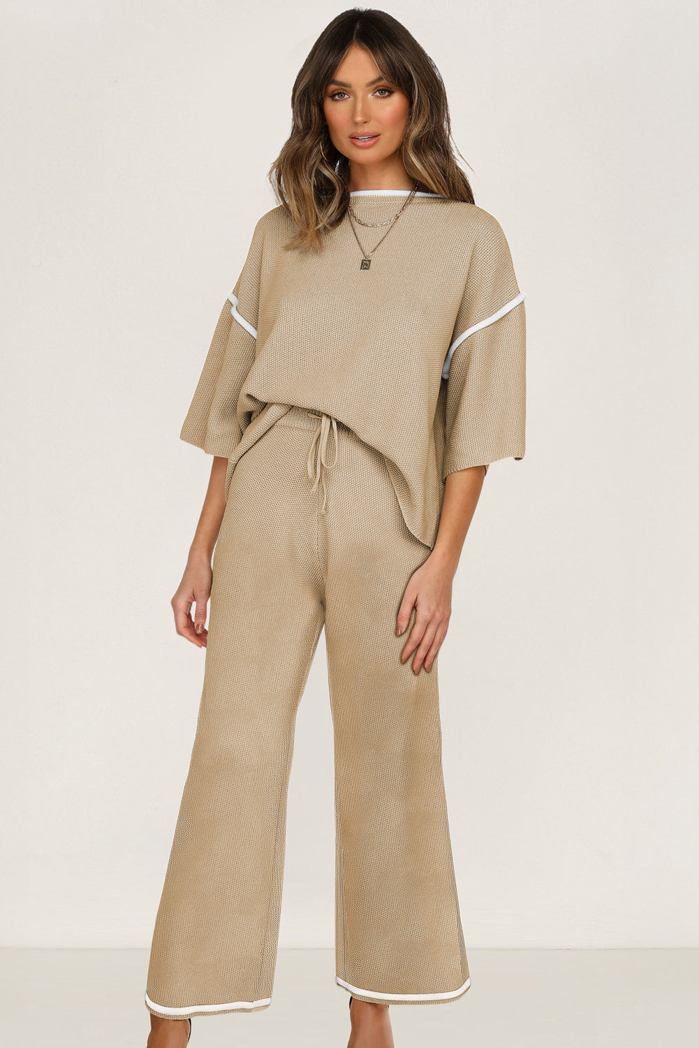 Navy Blue Contrast Trim Half Sleeve Top Drawstring Pants Loose 2pcs Sweater Suit